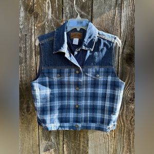 Vintage Pendleton Originals Denim Wool Plaid Vest Women small Blue Snap Button